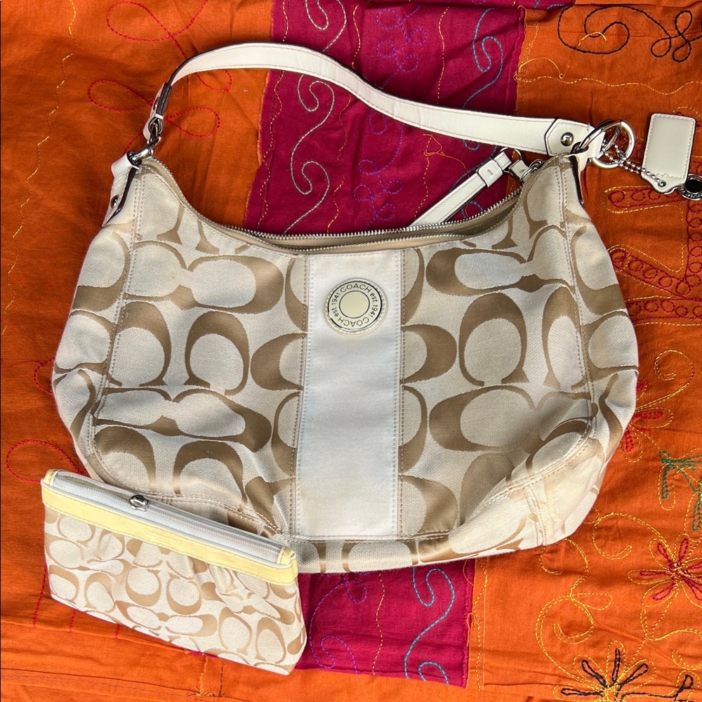 Coach Beige and Ivory Signature Canvas Hobo Shoulder Bag with zipper bag
